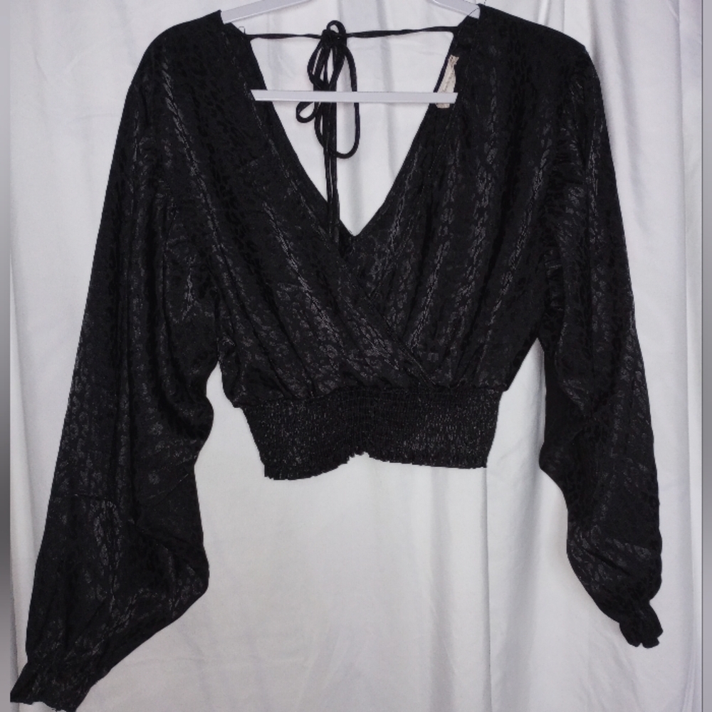 Altar'd State S Black Cheetah Print Baddie Wrap Shirt Party Poet Sleeve Crop